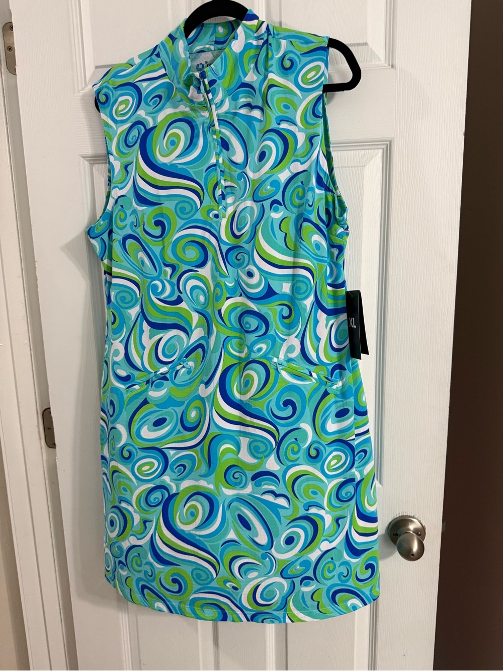 NWT IBKUL Sleeveless SPF 50 Swirl-Print Shift Dress in Teal & Blue